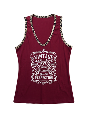 NWOT | Women's Vintage 1973 Aged to Perfection Ribbed Tank | Artistic Leopard Trim Silhouette | Wine Red | XL