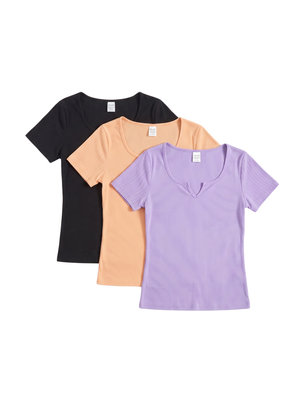 NWOT | Real Essentials Women's 3-Pack Ribbed Notch-Neck Fitted Short Sleeve Tees | Artistic Multi-Color Casual Pack | Large