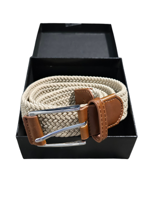 Men's Classic Braided Stretch Belt | Professional Woven Texture with Cognac Leather Accents | Khaki | 36"
