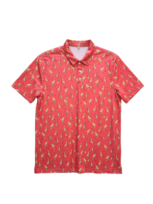 NWOT | Men's Novelty Banana Golf Polo Short Sleeve Performance Shirt | Artistic Cartoon Sports Silhouette | Coral Pink | XL