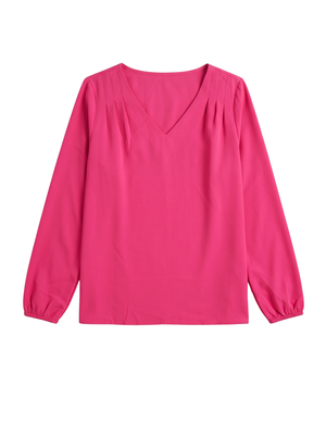 NWOT | Lookbook Store Women's V-Neck Bishop Sleeve Blouse | Artistic Pleated Shoulder Silhouette | Hot Pink | Large