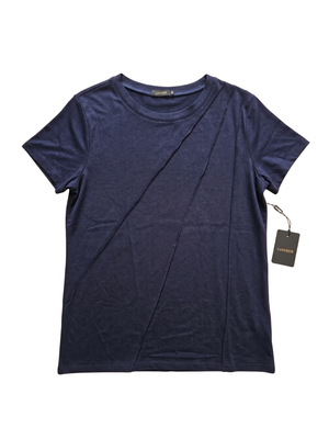 NWT | Luxveer Women's Short Sleeve Pleated Tee | Artistic Asymmetric Seam Silhouette | Navy Blue | 2XL