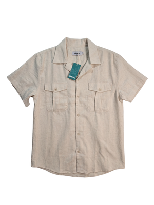 NWT | VATPAVE Men's Cotton-Linen Blend Short Sleeve Utility Shirt | Artistic Casual Resort Silhouette | Oatmeal Beige | Small
