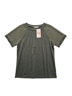 NWT | Women's Short Sleeve Pleated Top | Artistic Geometric Lace Sleeve Silhouette | Olive Green Heather | Large