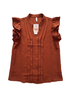 NWT | KIRUNDO Women's V-Neck Ruffle Sleeve Blouse | Artistic Pleated Accordion Front Silhouette | Terracotta Rust | Small
