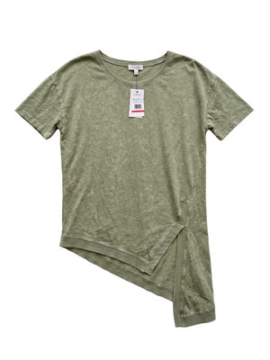 NWT | Skinnygirl Jeans Women's Asymmetrical Side Slit Short Sleeve Tee | Artistic Distressed Slub Jersey Silhouette | Army Sage Green | XS