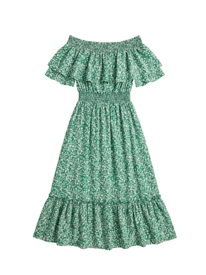 NWT | Prettywear Women's Off-the-Shoulder Ruffle Maxi Dress | Artistic Ditsy Floral Smocked Silhouette | Kelly Green | Small