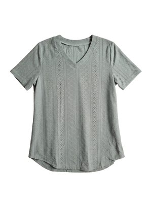 NWT | Fioris Women's Short Sleeve Eyelet Top | Artistic Diamond Mesh V-Neck Blouse | Sage Green | Large