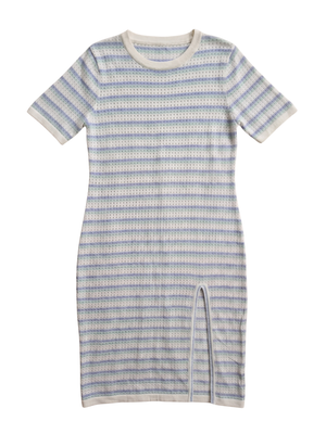 NWOT | Women's Short Sleeve Eyelet Knit Dress | Artistic Striped Front Slit Silhouette | Light Green & Blue Multi | XLarge