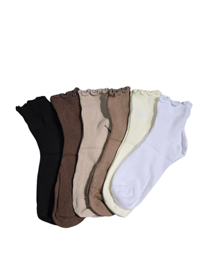 NIP | Women's Ruffle Cuffs Crew Socks 6-Pack | Neutral Earth Tone Assortment | Size 6-9