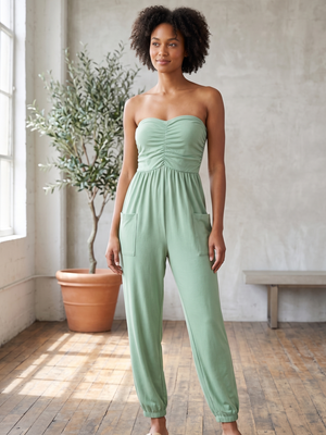 Green Strapless Ruched Bandeau Jumpsuit Medium