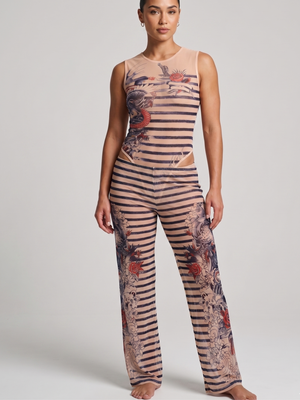 Sheer Tattoo Print Sleeveless Bodysuit & Striped Pants Set | XL