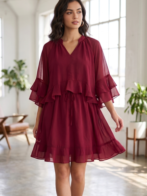 NWT | Women's Chiffon Tiered Ruffle Mini Dress | Wine Red | Medium