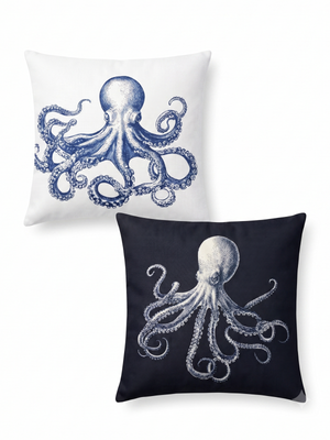 New | Nautical Coastal Octopus Throw Pillow Covers 2-Pack | Blue & White | 18"x18"