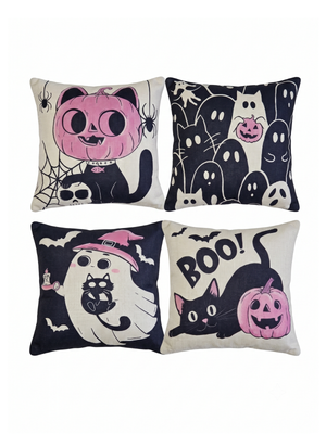 New | Pastel Pink Halloween Throw Pillow Covers 4-Pack | Cat & Ghost | 18"x18"