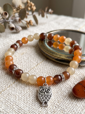 Handmade Glass Beaded Owl Charm Bracelet | Terracotta Orange & Amber | 6"