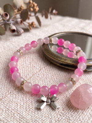 Handmade Pink Gradient Glass Beaded Stretch Bracelet | Silver Bow Charm | 6"