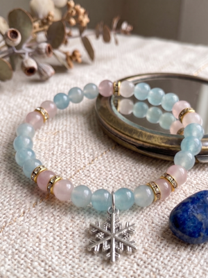 New Handmade Glass Beaded Snowflake Charm Bracelet | Pastel Pink & Blue | 6"