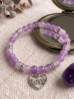 Handmade Glass Beaded Love Heart Charm Bracelet | Purple Gradient Ombre | 6"