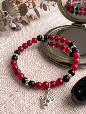 Handmade Glass Beaded Open Hand Charm Bracelet | Black & Carnelian Red | 6"