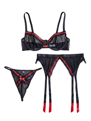 NWT | Coquette Women's 3pc Sheer Mesh Lingerie Set | Bra Garter G-String | Black | S