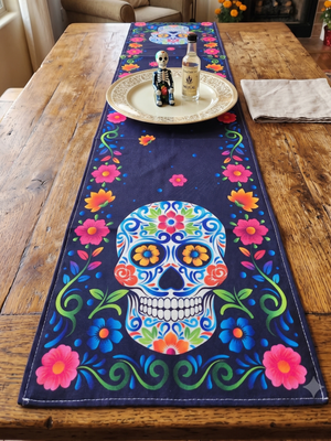 NIP | Day of the Dead Sugar Skull Table Runner | Calavera Floral Border | 36"x72"