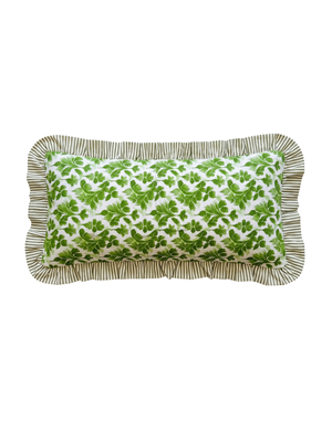 NIP | Green & White Damask Floral Ruffle Striped Lumbar Throw Pillow Cover | 14"x36"