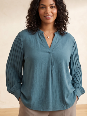 NWT | Blooming Jelly Women's V-Neck Pleated Lantern Sleeve Blouse | Teal | XL