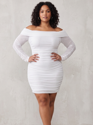 NWT | Allegra K Women's Ruched Long Sleeve Off Shoulder Bodycon Dress | White | Large