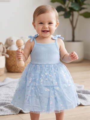 NWT | Mioglrie Baby Girl Ribbed Tie Shoulder Tulle Sparkle Butterfly Dress | 18M-24M