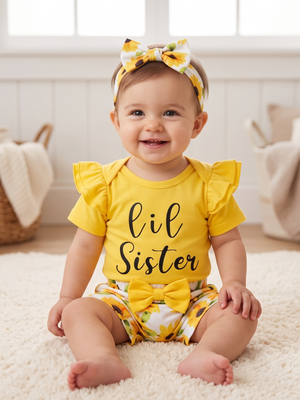 NWT | Lil Sister Sunflower Ruffle Bodysuit Shorts Headband Outfit Set | 9-12M