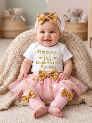 New | Baby Girl 1st Mother's Day Tutu Leg Warmers Headband 5-Pc Outfit Set | 0-3M
