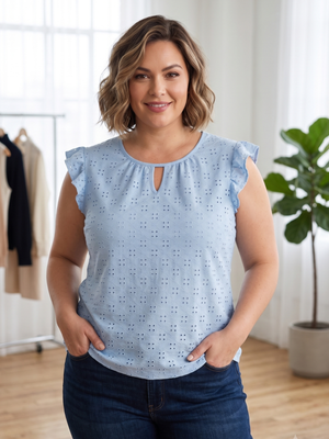 NWT | Evaless Women's Light Blue Keyhole Eyelet Flutter Sleeve Blouse Top | XL