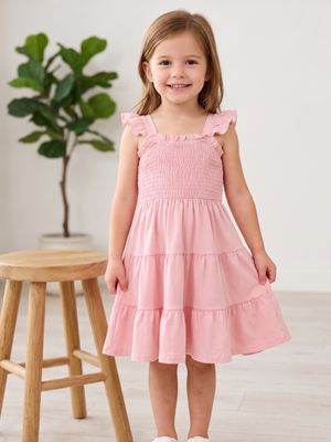 NWOT | Girl's Light Pink Smocked Ruffle Shoulder Tiered A-Line Sun Dress | 4Y