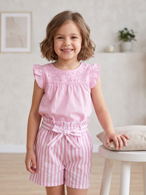 NWT | Lionjie Girls Orchid Pink Eyelet Ruffle Blouse & Striped Shorts Set | 6/7