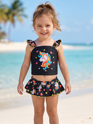 NWOT | Girls' Black Unicorn & Heart Print Ruffle Strap Tankini Swimsuit Set | 3/4