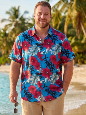 NWT | JOGAL Men's Blue & Red Hawaiian Hibiscus Floral Button Up Shirt | XXL