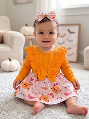 NWOT | Baby Girl Orange Halloween Ghost Pumpkin Skirted Onesie Headband Set | 9-12M