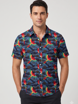 NWT | TUNEVUSE Men's Blue & Red Macaw Parrot Hawaiian Aloha Shirt | Medium
