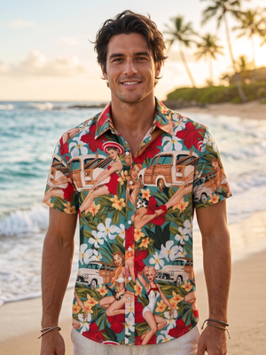 NWT | TUNEVUSE Men's Pinup Girl Vintage Woodie Wagon Hawaiian Shirt | S