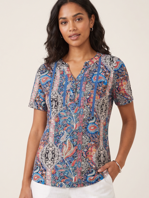 NWT | BIN Women's Paisley Floral Henley V-Neck Lace Trim Boho Top | Medium
