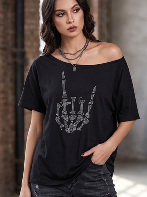 NWOT | Black Rhinestone Skeleton Rock On Hand Off Shoulder Slouchy Top | Small