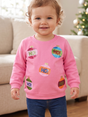 NWT | Mud Pie Baby Girl Pink Sequin Christmas Ornament "HO! HO!" Sweatshirt | 12-18M