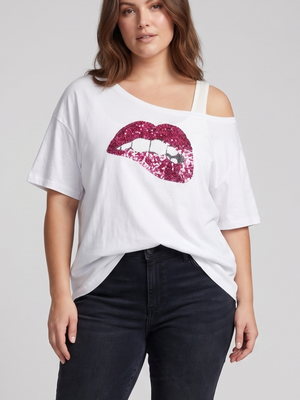 NWOT | Women's White Sparkling Pink Biting Lips Slouchy Off Shoulder Top | XL