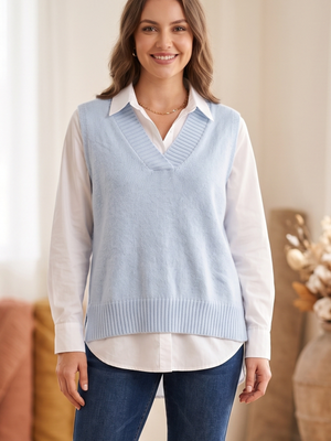 NWOT | Women's Baby Blue Ribbed V-Neck High-Low Side Slit Sweater Vest | Medium