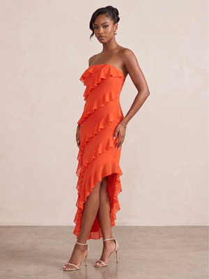 NWT | PrettyGarden Women's Orange Strapless Cascading Tiered Ruffle Mesh Midi Dress | Medium