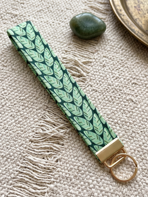 New Green Leaf Print Fabric Keychain Wristlet  Keychain