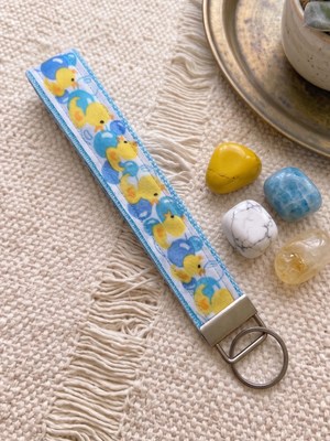 New Handmade Yellow Rubber Duck & Bubbles Ribbon Key Fob Wristlet Keychain