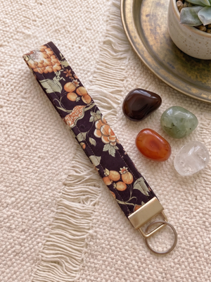 New Handmade Autumn Floral Botanical Black Fabric Key Fob Wristlet Keychain