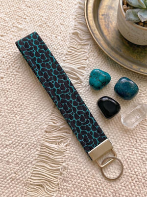New Handmade Teal Black Animal Print Fabric Key Fob Wristlet Keychain